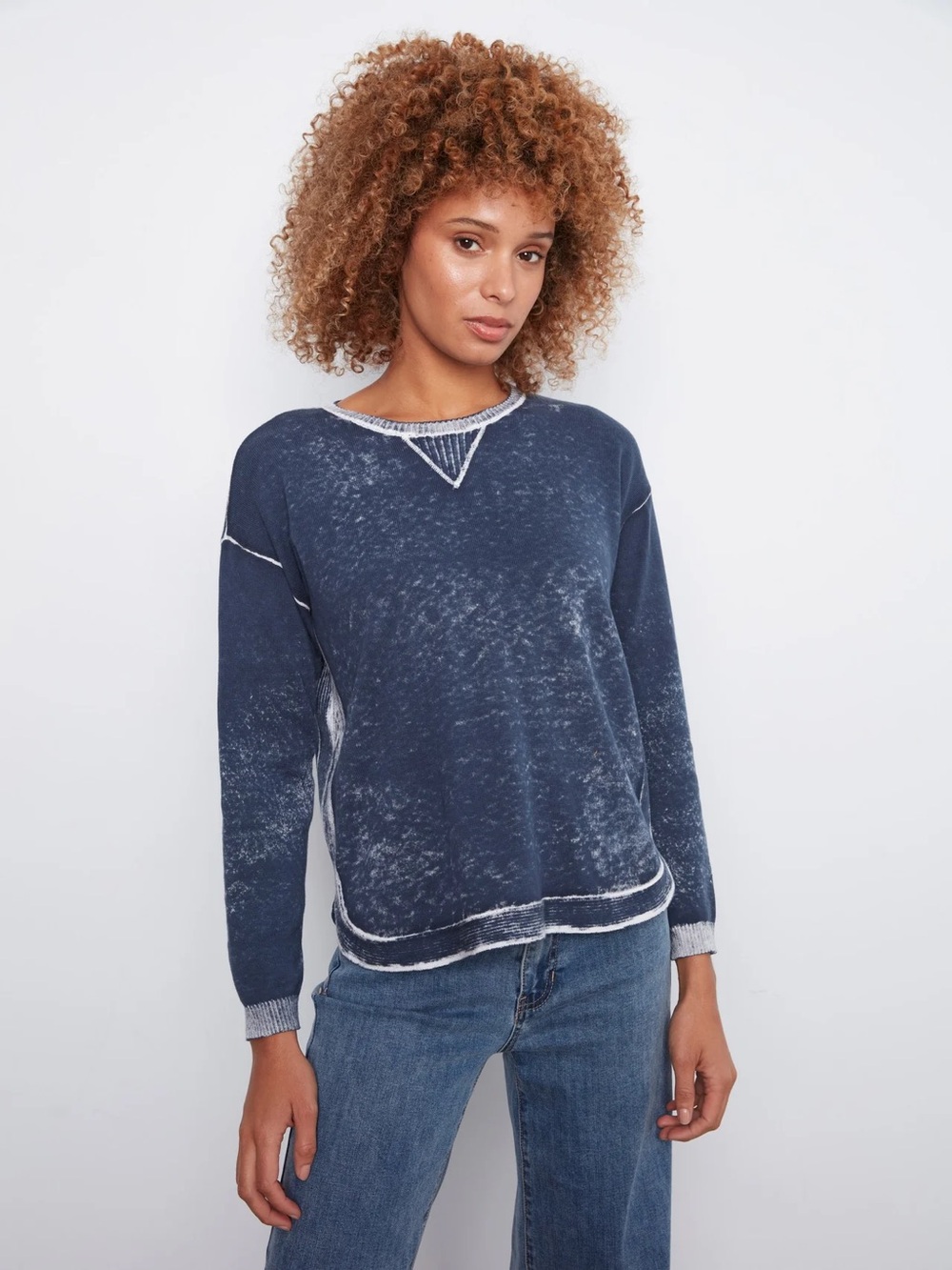 Women's Navy Distressed Crewneck Sweater